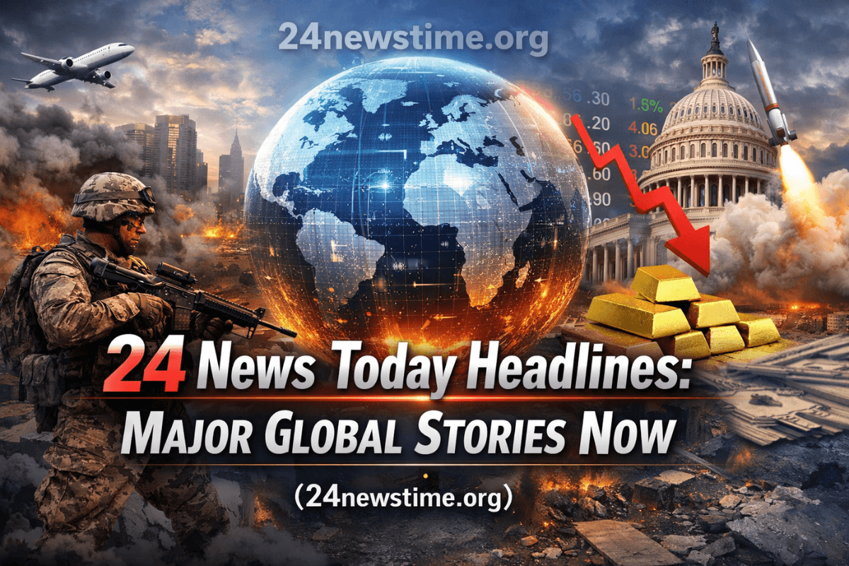 global newsroom showing 24 news today headlines on digital screens