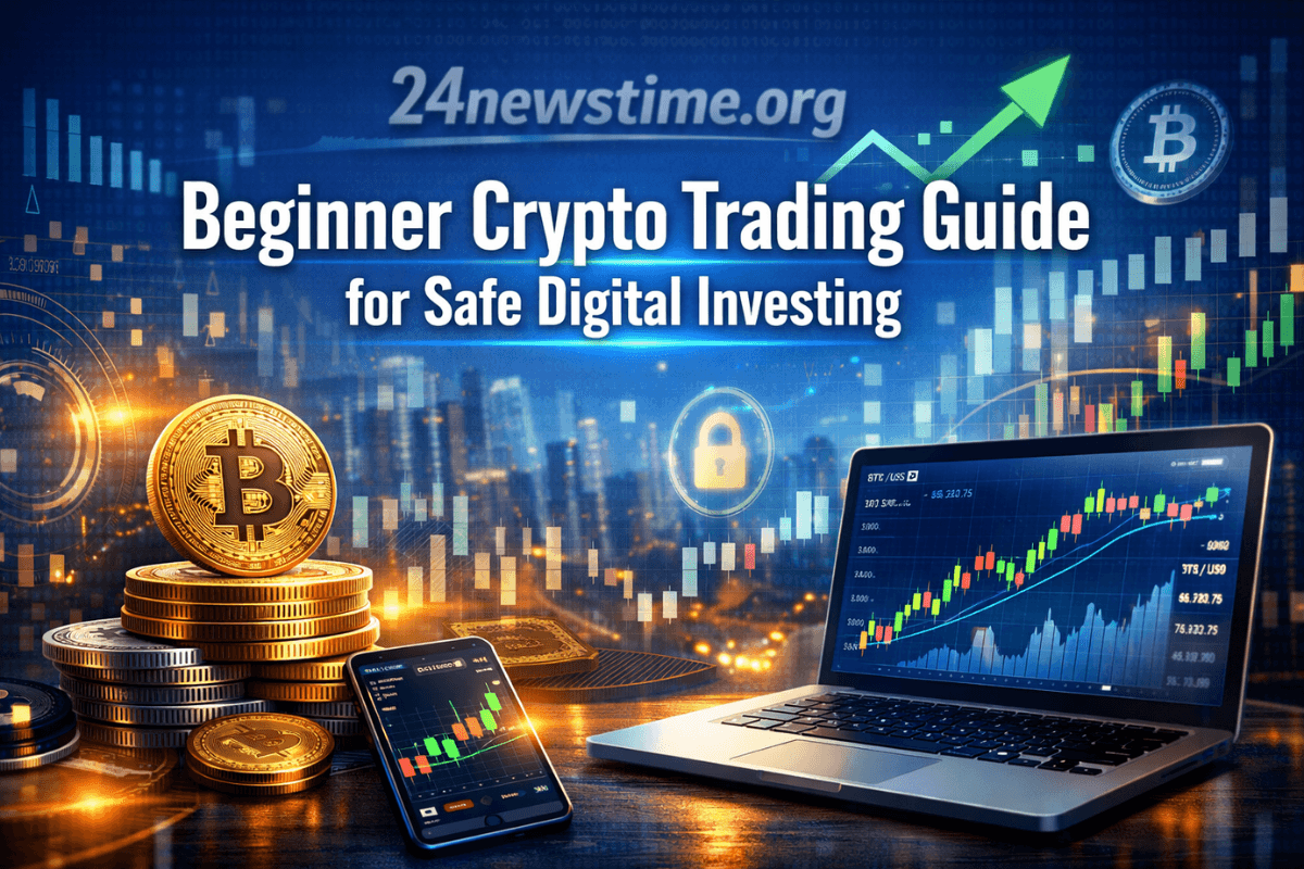 Beginner learning crypto trading on laptop with charts