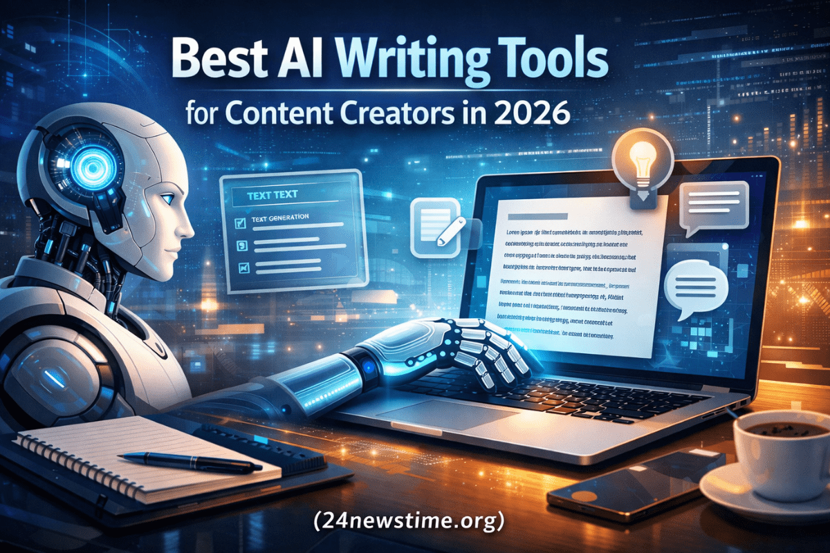 content creator using AI writing tools on a laptop in 2026