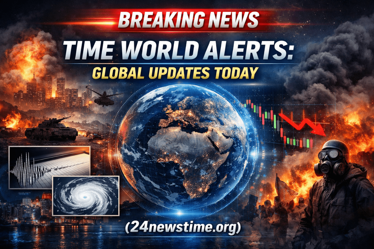 World news broadcast screen displaying urgent global alerts