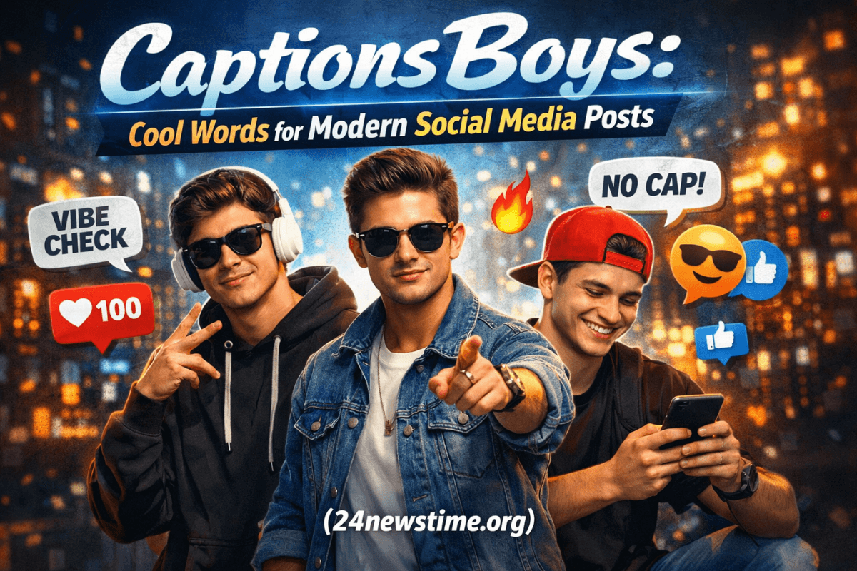 Stylish young man posting a confident social media photo with a short caption.