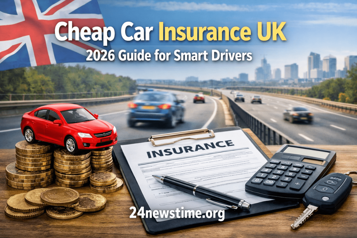 Affordable car insurance concept with driver and vehicle in the UK