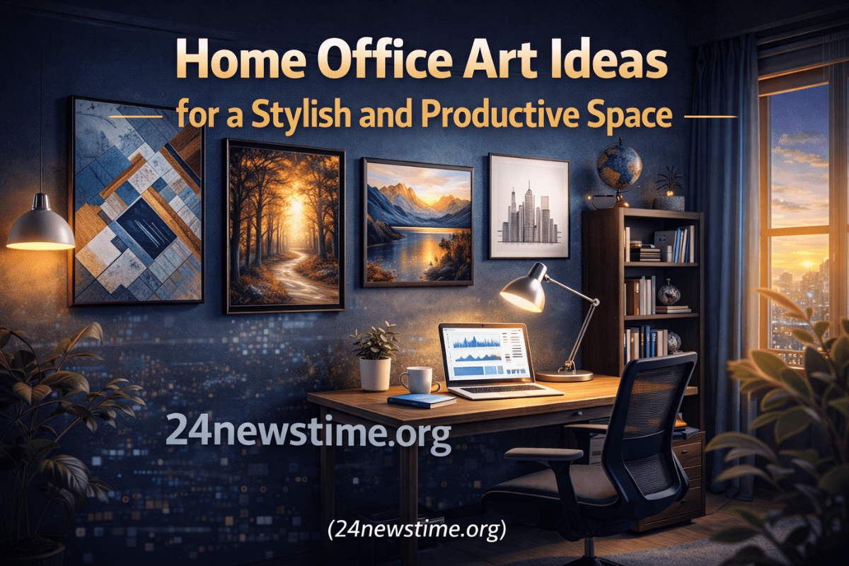 Modern home office featuring colorful wall art