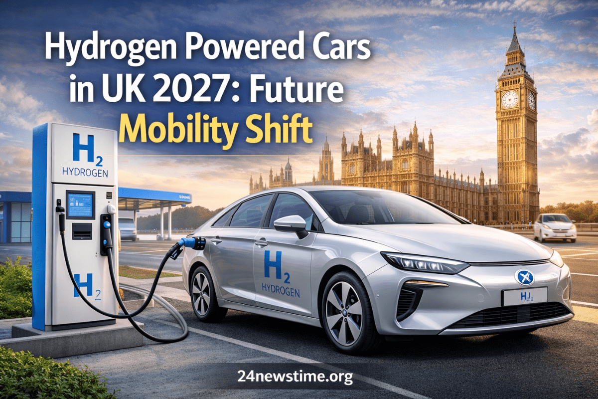 Hydrogen powered car refueling at a hydrogen station in the UK future mobility concept