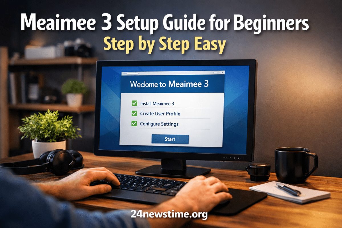 Beginner setting up the Meaimee 3 system step by step on a computer