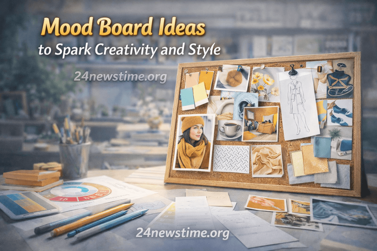 A creative workspace with a mood board full of colors and images