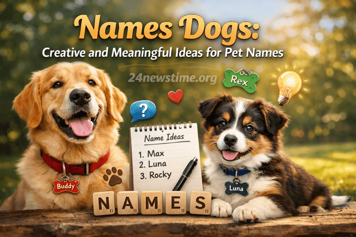 Happy dog sitting in a park with a name tag on its collar.