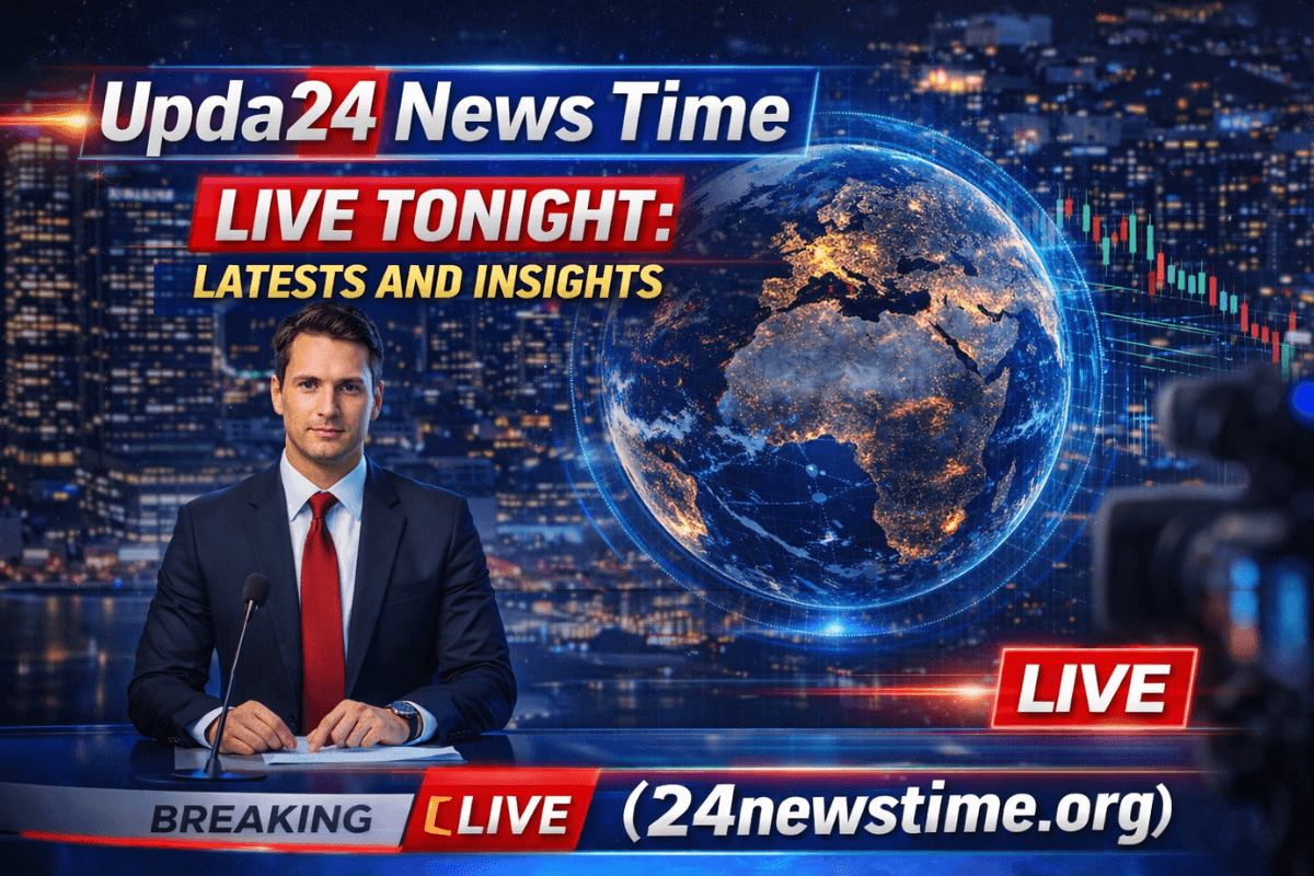 Live newsroom broadcast showing anchors delivering evening news updates