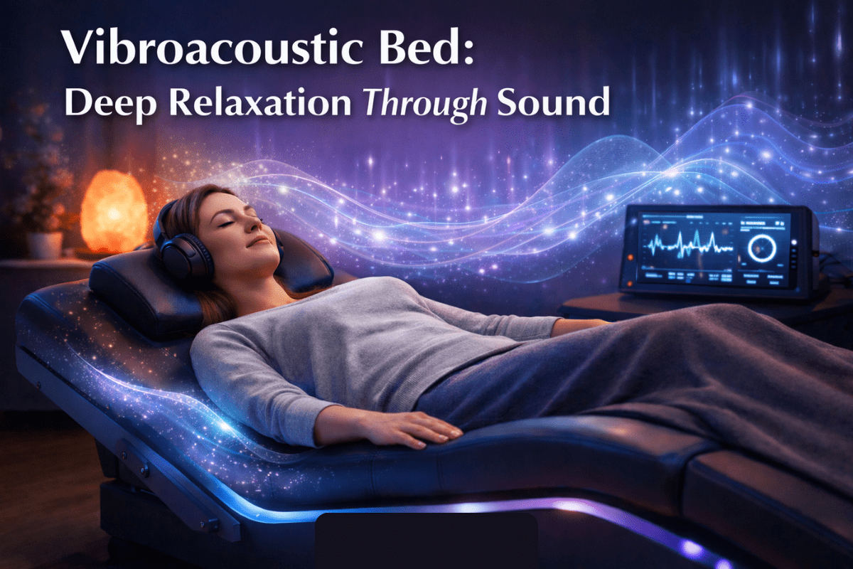 Person lying relaxed on a vibroacoustic bed during a sound therapy session
