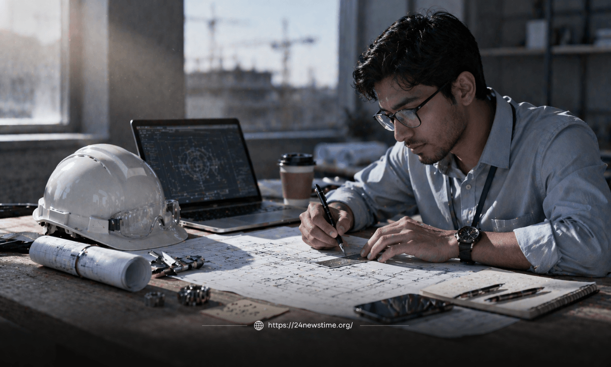 Probationary engineer working on technical project in office