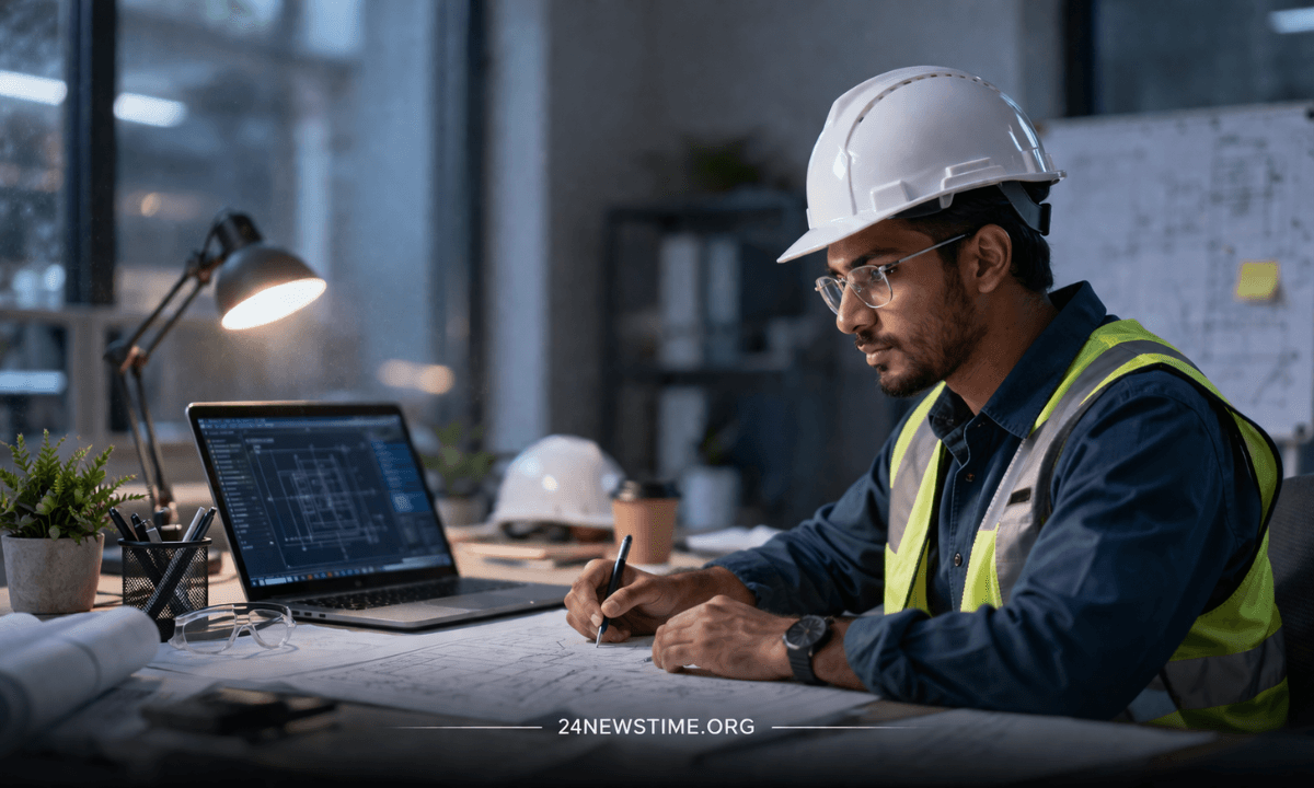 Probationary engineer working on technical project in office